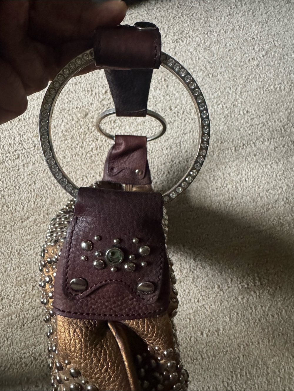 Y2K G Series Cole Haan Bronze Leather Studded Crystal Hobo Shoulder Bag - Picture 7 of 16